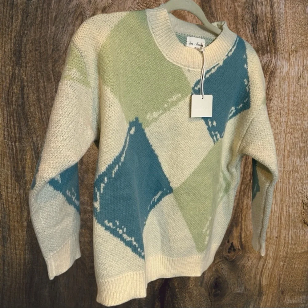 NWT Love & Harmony Argyle Sweater Cream/Teal Size M